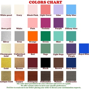May include: Color chart with 36 different color swatches. The swatches are arranged in a grid of six columns and six rows. The colors include white pearl, ivory, blush pink, light coral, lilac, baby blue, rose gold, white, pink, fuchsia, purple, tiffany blue, silver, gray, orange, green, mint, teal, champagne gold, unfinished wood, red, sage, light sage, eggplant purple, royal blue, gold, bronze, burgundy, black, brown, navy blue, antique gold, copper, mahogany, palisander, walnut, and anthracite.