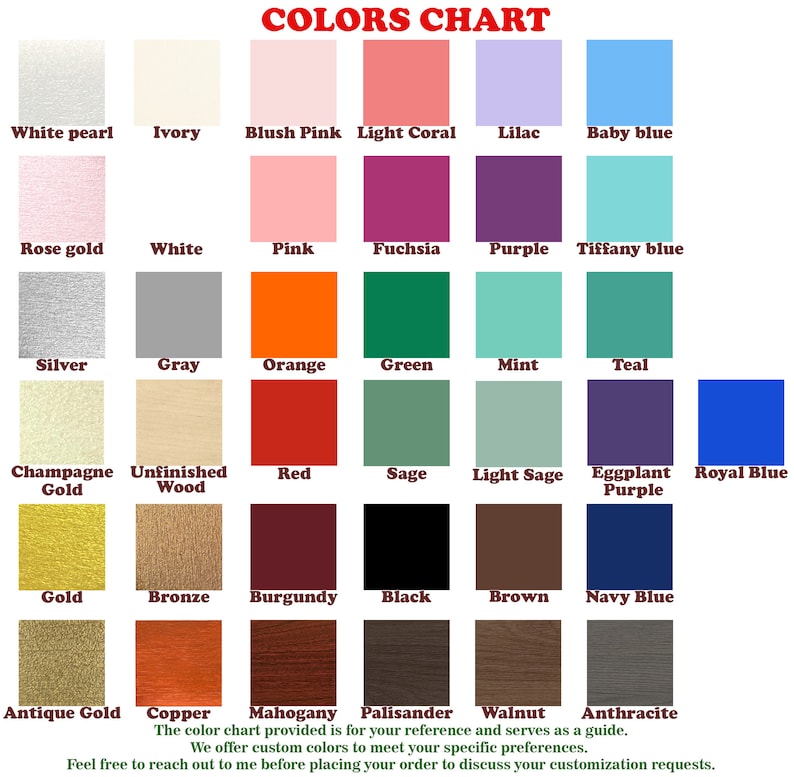 May include: Color chart with 36 different color swatches. The swatches are arranged in a grid of six columns and six rows. The colors include white pearl, ivory, blush pink, light coral, lilac, baby blue, rose gold, white, pink, fuchsia, purple, tiffany blue, silver, gray, orange, green, mint, teal, champagne gold, unfinished wood, red, sage, light sage, eggplant purple, royal blue, gold, bronze, burgundy, black, brown, navy blue, antique gold, copper, mahogany, palisander, walnut, and anthracite.