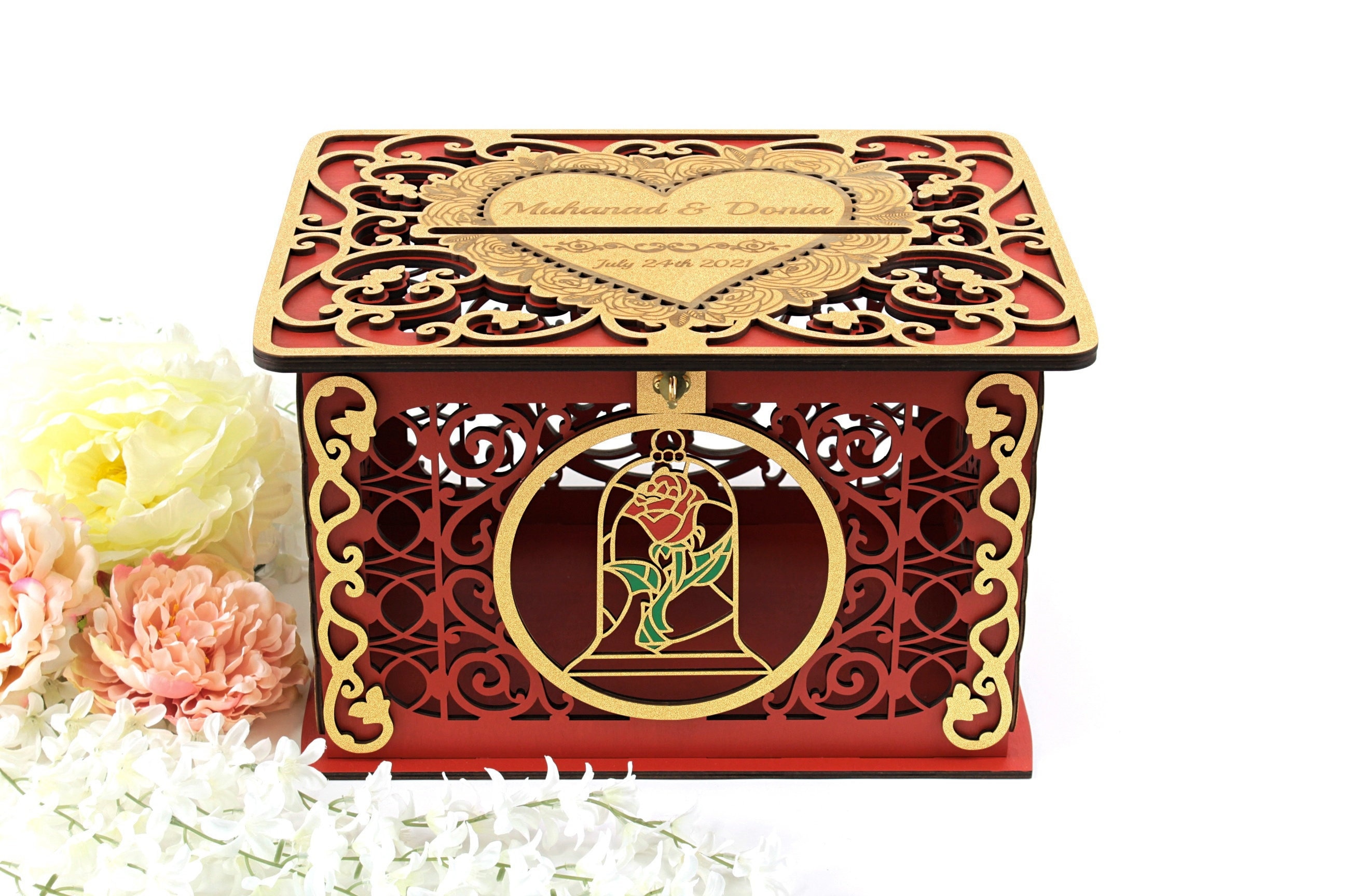 Wedding Card Box Beast Enchanted Rose in the Glass Quinceanera Envelopes Holder Beauty Wedding Reseption Decor Money Gifts