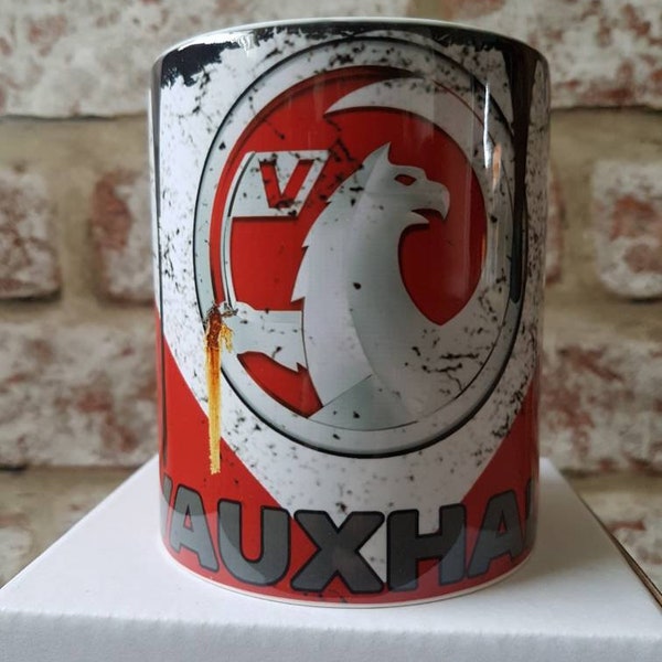 Retro/vintage distressed look Vauxhall inspired oil can mug. Gift Car enthusiast