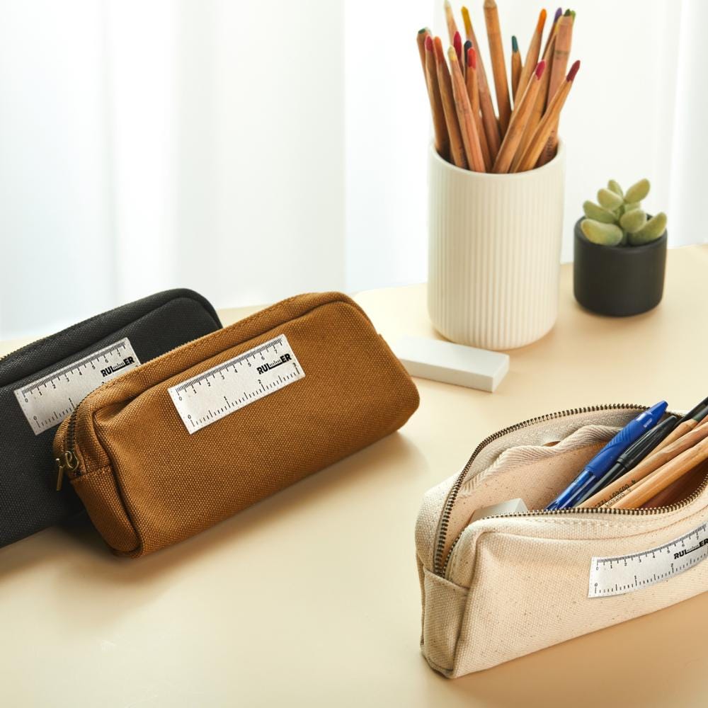Canvas Pencil Case Pouch With Ruler Simple Spacious Design School ...