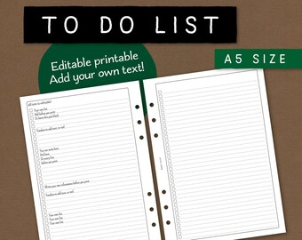 To do list. Editable printable notepaper and list making insert. Use blank or add your own text/headlines. A5 size. For filofax etc. NATA CL