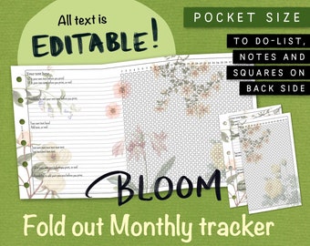 Foldout monthly tracker with your own text/headlines. Editable list making insert. Pocket size. For Filofax, Kikki K etc. NKFD BL
