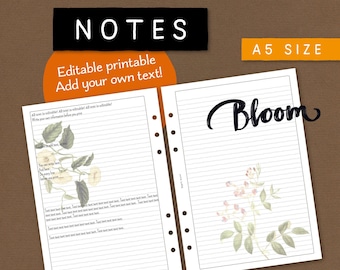Remarques. Papier à lettres imprimable modifiable et insert de création de liste. Employez le blanc ou ajoutez vos propres textes/titres. Format A5. décor floral d'époque. NALA BL