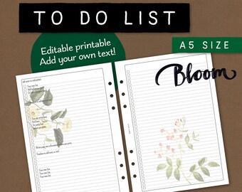 Liste de choses à faire. Papier à lettres imprimable modifiable et insert de création de liste. Employez le blanc ou ajoutez votre propre texte. Format A5. décor floral d'époque. NATABL