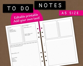 To do lists and Notes. Editable printable notepaper and list making insert. Use blank or add your own text/headlines. A5 size. NATE CL