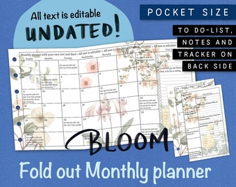 Foldout Monthly planner. Editable, Undated, Printable, Calendar, Planner, Insert. Add your own text. Pocket size. Filofax etc. UKFM BL