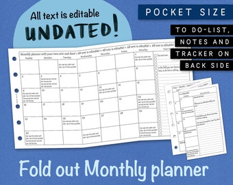 Foldout Monthly planner. Editable, Undated, Printable, Calendar, Planner, Insert. Add your own text. Pocket size. Filofax etc. UKFM CL