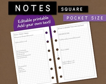 Papier à lettres à grille modifiable. Ajoutez votre propre texte/titres ou utilisez le blanc. Encart imprimable pour Filofax, Kikki K etc. Format de poche. NKSA CL