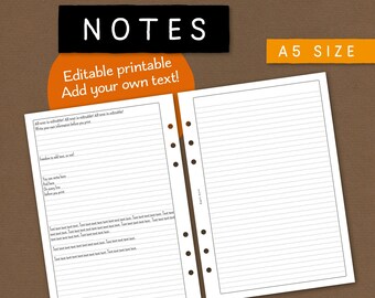 Notes. Editable printable notepaper and list making insert. Use blank or add your own text/headlines. A5 size. For Filofax etc. NALA CL