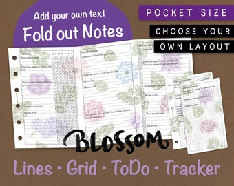 Editable foldout notes. Choose your own layout – lines, grid, to do, tracker. Add your own text. Pocket size. Filofax, Kikki K etc. NKFA BB