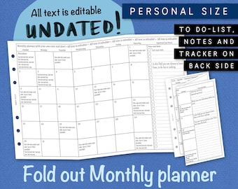 Planificateur mensuel dépliable. Modifiable, non daté, imprimable, calendrier, planificateur, insertion. Ajoutez votre propre texte. Taille personnelle. Filofax etc. UEFM CL