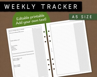 Suivi hebdomadaire. Papier à lettres imprimable modifiable et insert de création de liste. Employez le blanc ou ajoutez votre propre texte/titres. Format A5. NAWA CL