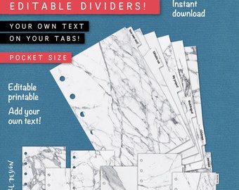 Diviseurs avec votre propre texte. 6 onglets. Format de poche. Marbre élégant texturé. Onglets/séparateurs imprimables modifiables pour filofax, Kikki K etc. DKD6 DM