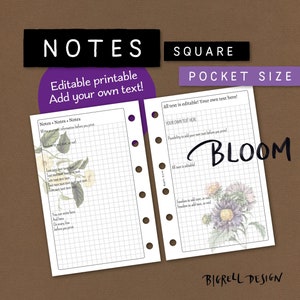 Editable grid notepaper. Add your own text/headlines or use blank. Printable insert for Filofax, Kikki K etc. Pocket size. NKSA BL