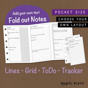 Editable foldout notes. Choose your own layout – lines, grid, to do, tracker. Add your own text. Pocket size. Filofax, Kikki K etc. NKFA CL
