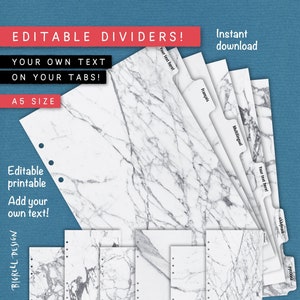 Peut inclure: Séparateurs A5 modifiables avec un motif marbré blanc et des étiquettes de texte. L'image comprend le texte "Editable Dividers!" et "Your own text on your tabs!". Les séparateurs sont conçus pour un téléchargement instantané et sont imprimables.