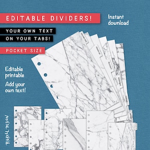 Könnte beinhalten: Druckbare Trennblätter für einen Taschenplaner mit Marmormuster. Die Trennblätter haben Laschen, die mit Ihrem eigenen Text angepasst werden können. Der Text auf den Laschen umfasst "Your own text", "Editable tab", "My project", "Multilingual", "ελληνικά", und "pinorld."