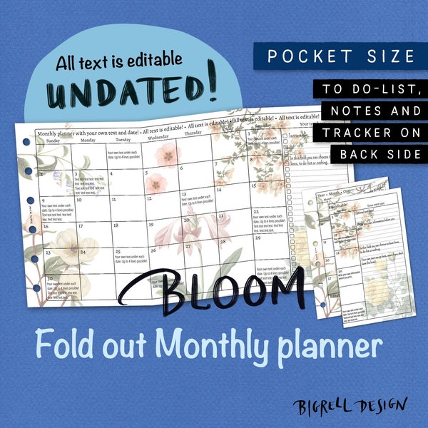 Foldout Monthly planner. Editable, Undated, Printable, Calendar, Planner, Insert. Add your own text. Pocket size. Filofax etc. UKFM BL