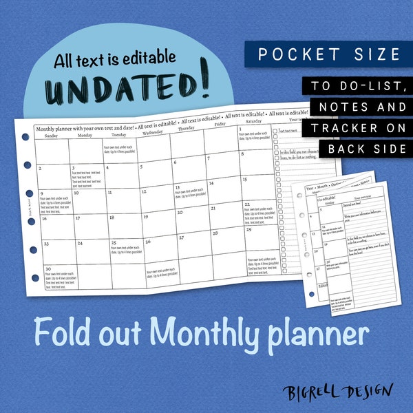 Faltbarer Monatsplaner. Bearbeitbar, Undatiert, druckbar, Kalender, Planer, Einfügen. Füge deinen eigenen Text hinzu. Taschenformat. Filofax etc. UKFM CL