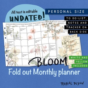 Foldout Monthly planner. Editable, Undated, Printable, Calendar, Planner, Insert. Add your own text. Personal size. Filofax etc. UEFM BL image 1