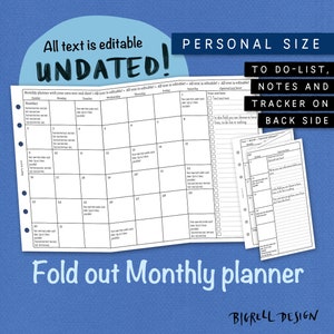 Foldout Monthly planner. Editable, Undated, Printable, Calendar, Planner, Insert. Add your own text. Personal size. Filofax etc. UEFM CL