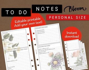 Puede incluir: Insertos de planificador personal imprimibles con ilustraciones florales. Las páginas incluyen secciones para listas de tareas y notas, con la opción de agregar texto personalizado. El diseño presenta el texto "Bloom" y "Descarga instantánea."
