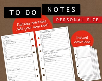 Pour faire la liste et les notes. Papier à lettres imprimable modifiable et insert de création de liste. Taille personnelle. Pour filofax et autres planificateurs à anneaux. NETC CL