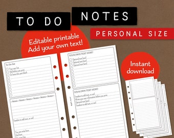 To do list and notes. Editable printable notepaper and list making insert. Personal size. For filofax and other ring bound planners. NETC CL