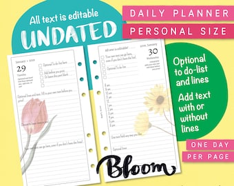 Planificateur quotidien non daté. Calendrier quotidien imprimable modifiable. Ajoutez votre propres texte et date. Taille personnelle. Filofax, Kikki K etc. UEDP BL