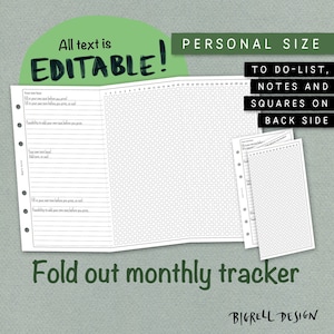 May include: A black and white printable planner with a fold-out monthly tracker. The planner has a to-do list, notes, and squares on the back side. The text "All text is editable!" is written in a green circle at the top of the page.