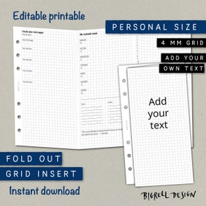 May include: Printable planner insert with a 4 mm grid, designed for personal size binders. The insert features a weekly layout with space for notes and to-do lists. The text "Add your text" is printed on the page.