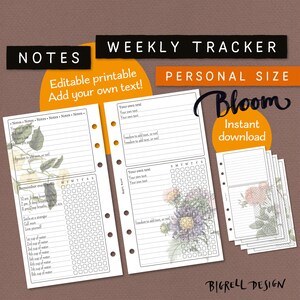 Puede incluir: Planificador semanal imprimible con un diseño floral. El planificador incluye secciones para notas, un rastreador de hábitos diarios y un horario semanal. El texto "Bloom Descarga instantánea" es visible en la esquina superior derecha.