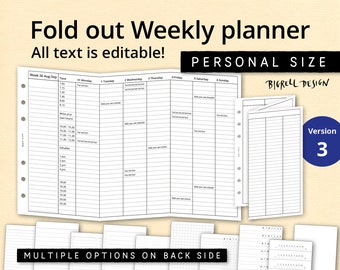 Foldout hourly planner. Add your own hours and information. Notes, to do-list, tracker, scale 1-10, grid, dot grid on back side. fwp E cl