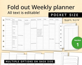 Foldout weekly hourly planner. Editable printable timetable. Sunday start/monday start, edit yourself. Pocket size for filofax etc. fwp K cl