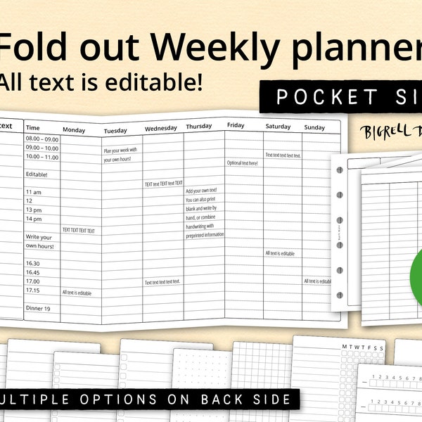 Foldout weekly hourly planner. Editable printable timetable. Sunday start/monday start, edit yourself. Pocket size for filofax etc. fwp K cl