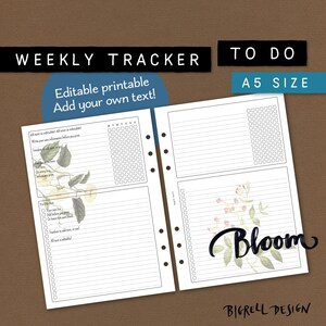 Op de afbeelding: Printbare weekplanner in A5-formaat met een bloemenontwerp. De planner heeft secties voor dagelijkse taken, to-do-lijsten en notities. De tekst "Bloom" is geschreven in een decoratief lettertype.