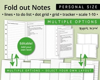 Notes dépliantes modifiables. Lignes, à faire, grille de points, grille, tracker, échelle 1-10. Sélectionnez votre mise en page, ajoutez du texte. filofax taille personnelle. fn E cl