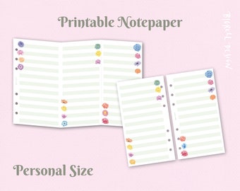 Papier à lettres imprimable pour format personnel Filofax et plus encore. Papier à notes dépliable inclus. Notes lignées décorées et insert de création de liste. npx E 02