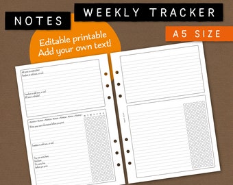Notes et suivi hebdomadaire. Papier à lettres imprimable modifiable et insert de création de liste. Employez le blanc ou ajoutez votre propre texte/titres. Format A5. NALF CL