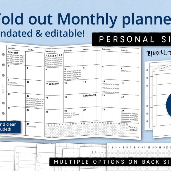 Fold out monthly planner and tracker. Editable printable. Undated, add your own dates. Personal size for filofax, Kikki K, etc. fmp E cl