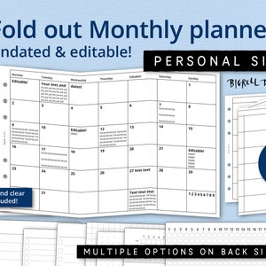 May include: A black and white monthly planner with a fold-out design. The planner is undated and editable. It includes multiple options on the back side, including dotted and clear pages. The planner is labelled "Personal Size" and "Version 1c".