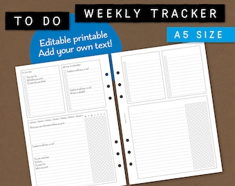 Listes de tâches et suivi hebdomadaire. Papier à lettres imprimable modifiable et insert de création de liste. Employez le blanc ou ajoutez votre propre texte. Format A5. NATH CL