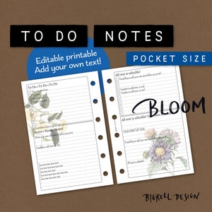 Può includere: Una pagina stampabile di lista di cose da fare e note con un design floreale. La pagina è divisa in tre sezioni: To Do, Note e Bloom. La sezione Bloom presenta un'illustrazione ad acquerello di un fiore viola con foglie verdi. Il testo sulla pagina è modificabile.