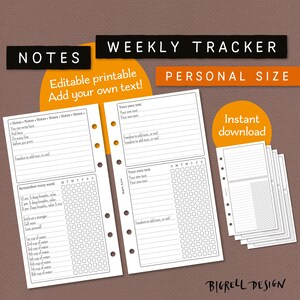 Puede incluir: Un planificador semanal imprimible en blanco y negro con una sección de notas, un rastreador diario y una sección para recordar las tareas diarias. El planificador está etiquetado como "Weekly Tracker" y "Personal Size".