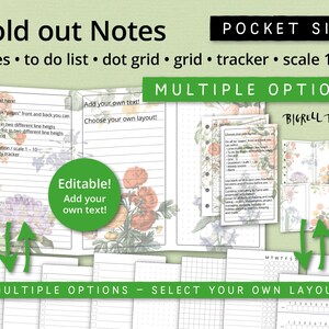 May include: A set of printable pocket-sized note pages with multiple layout options. The pages feature a floral design and include lined, to-do list, dot grid, and grid layouts. The text "Fold out Notes" and "Multiple Options" is visible at the top of the image.