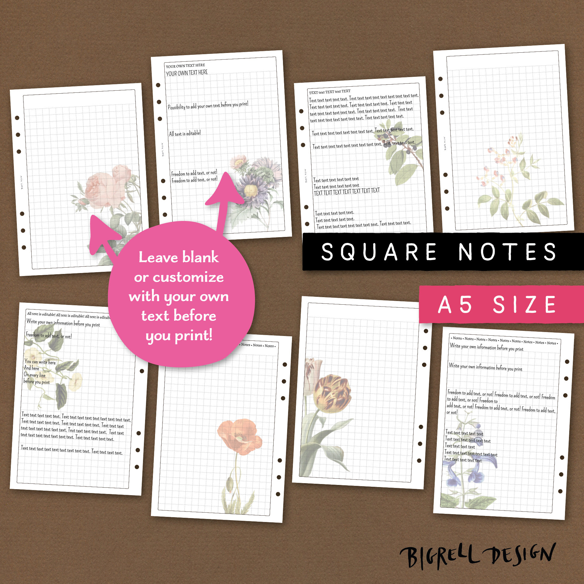 Square Grid Notes. Editable printable notepaper and list | Etsy