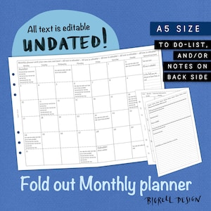 Foldout Monthly planner. Editable, Undated, Printable, Calendar, Planner, Insert. Add your own text. A5 size. Filofax, Kikki K etc. UAFM CL