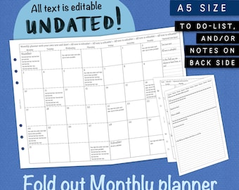 Foldout Monthly planner. Editable, Undated, Printable, Calendar, Planner, Insert. Add your own text. A5 size. Filofax, Kikki K etc. UAFM CL