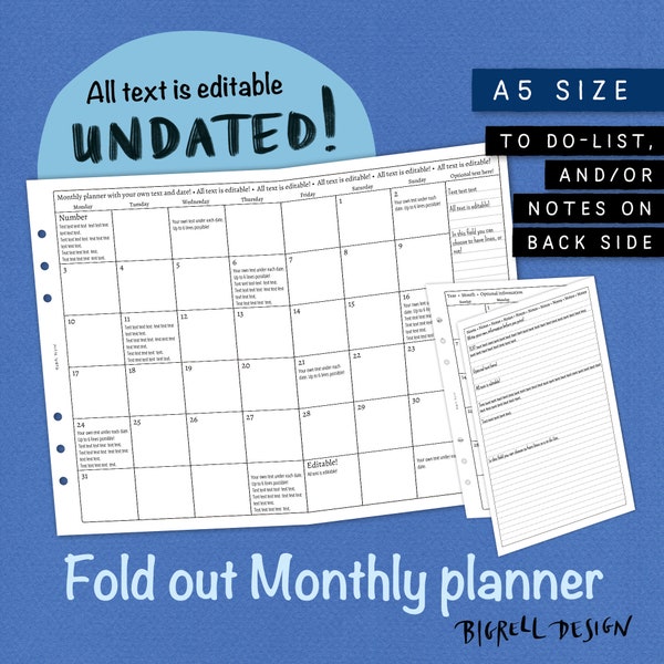 Foldout Monthly planner. Editable, Undated, Printable, Calendar, Planner, Insert. Add your own text. A5 size. Filofax, Kikki K etc. UAFM CL